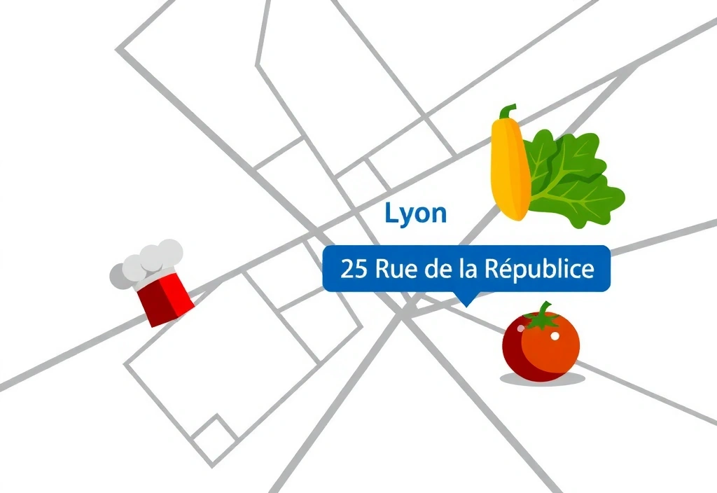 Carte stylisée de Lyon avec l'adresse de Lyonchefcx mise en évidence