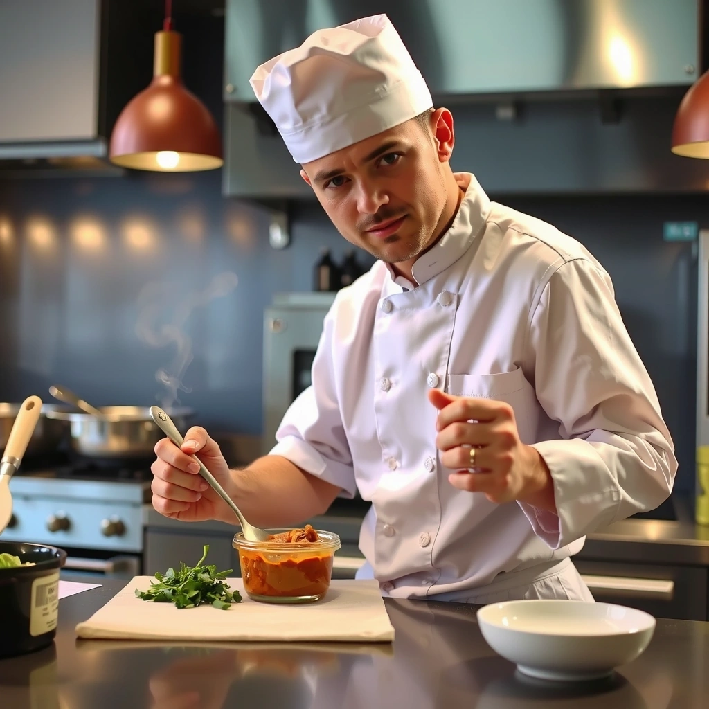 Chef cuisinier de Lyonchefcx en action dans la cuisine, préparant une sauce